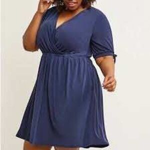 Lane Bryant Plus Size 22/24 Navy Blue Faux Wrap Tie Sleeve Dress Formal Workwear